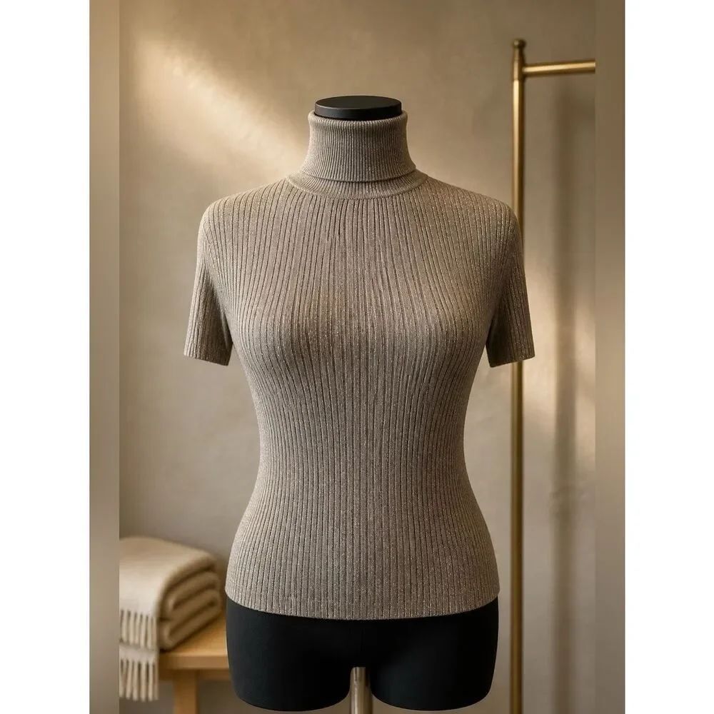 Apt. 9 Ribbed Silver Metallic Short Sleeve Turtleneck Sweater Size Large